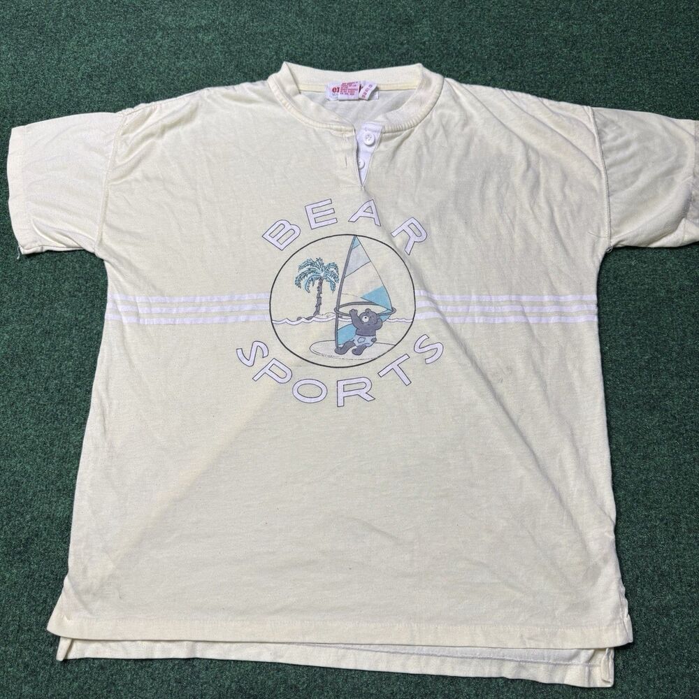 Vintage 1986 Energie Bear Sports Henley Surfing Graphic Shirt Taiwan Small